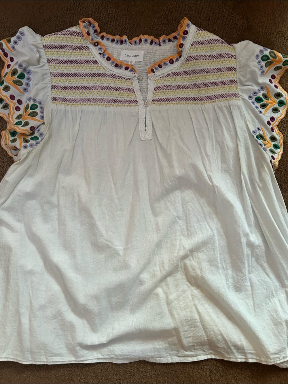 Dear John White Cotton Top with Purple, Yellow & Orange Embroidery